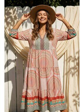 Mandala Medallion Print Boho Tiered Maxi Dress V-Neck Hippie Flowy XL 16-18 NWOT